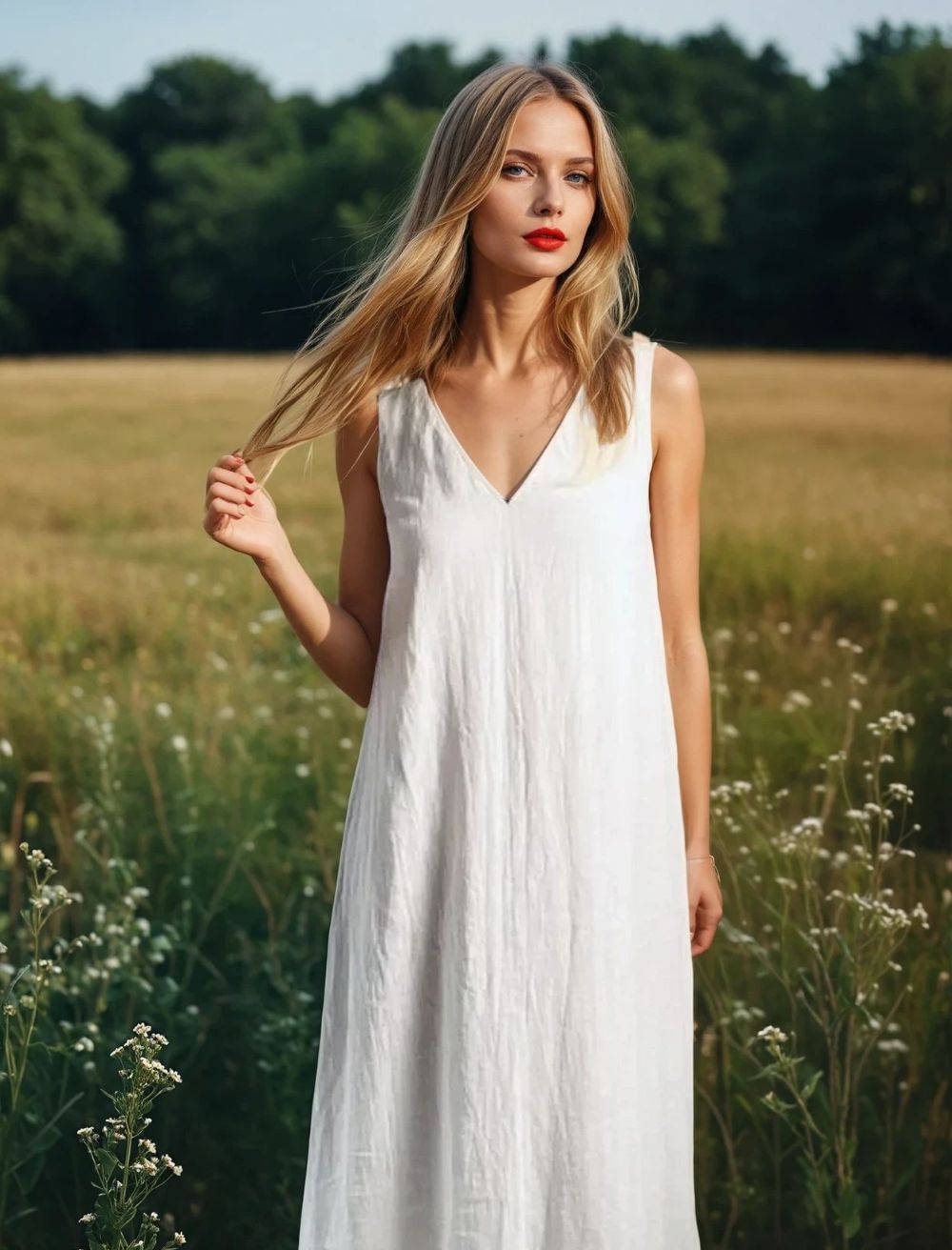 Linen dress. White linen dress. Long, white linen dress.