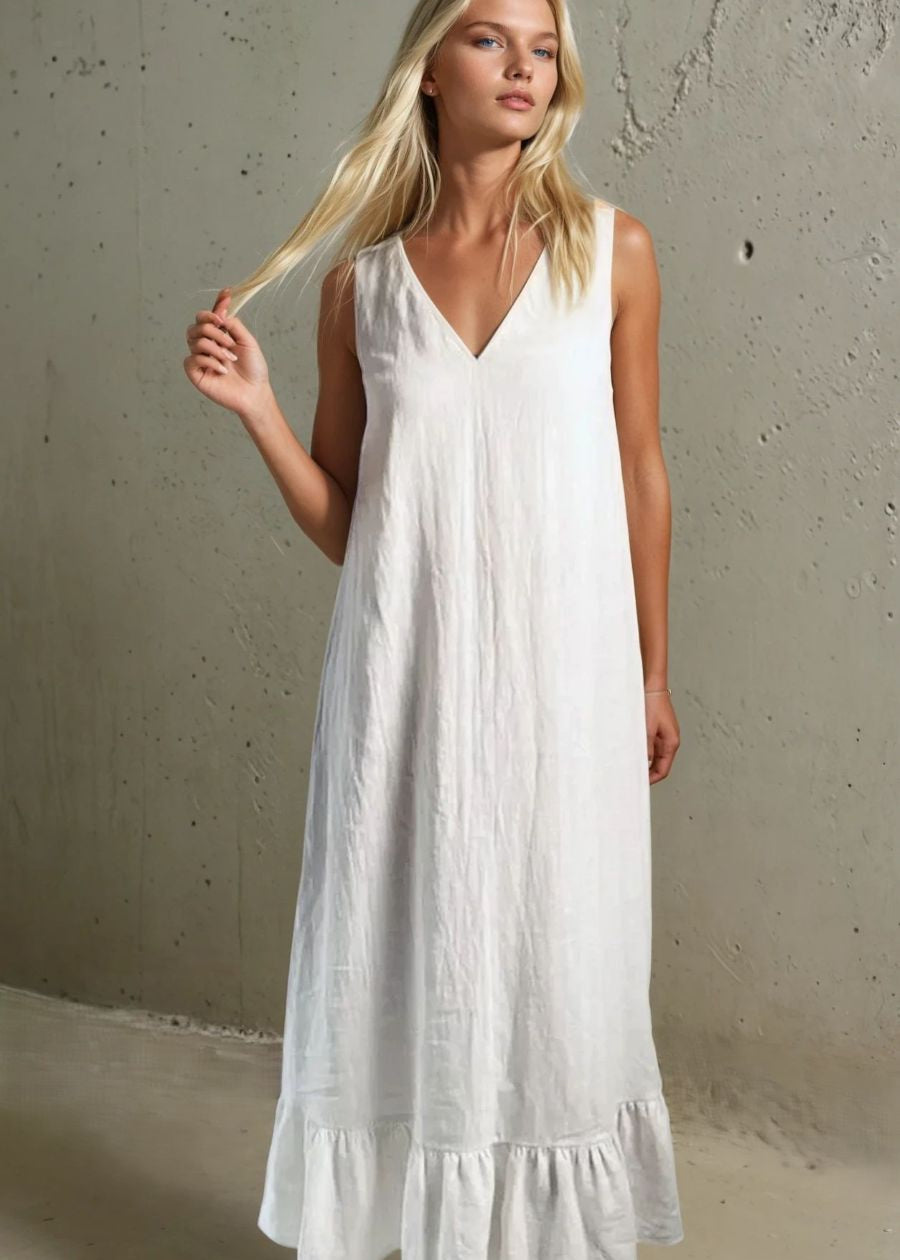 Linen dress. White linen dress. Long, white linen dress.