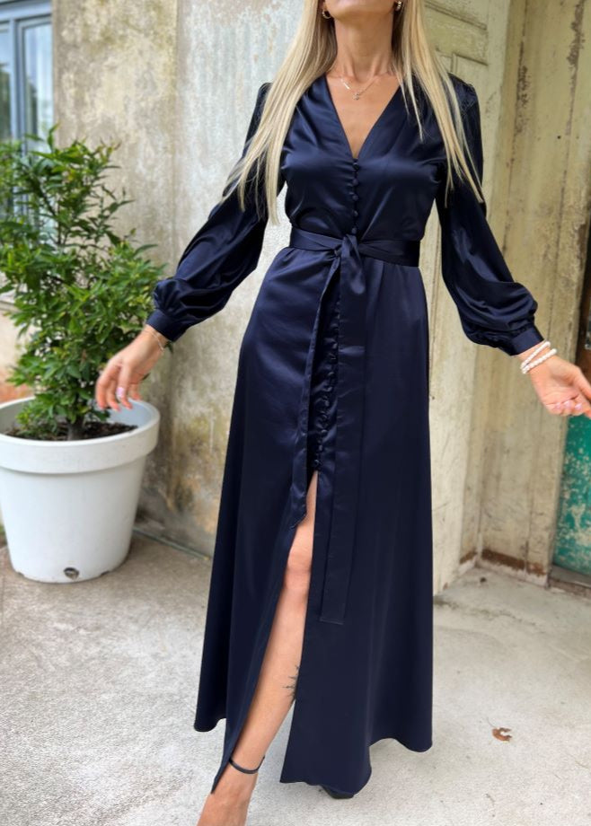Blue long dress. Black, brown, gray satin long dress.