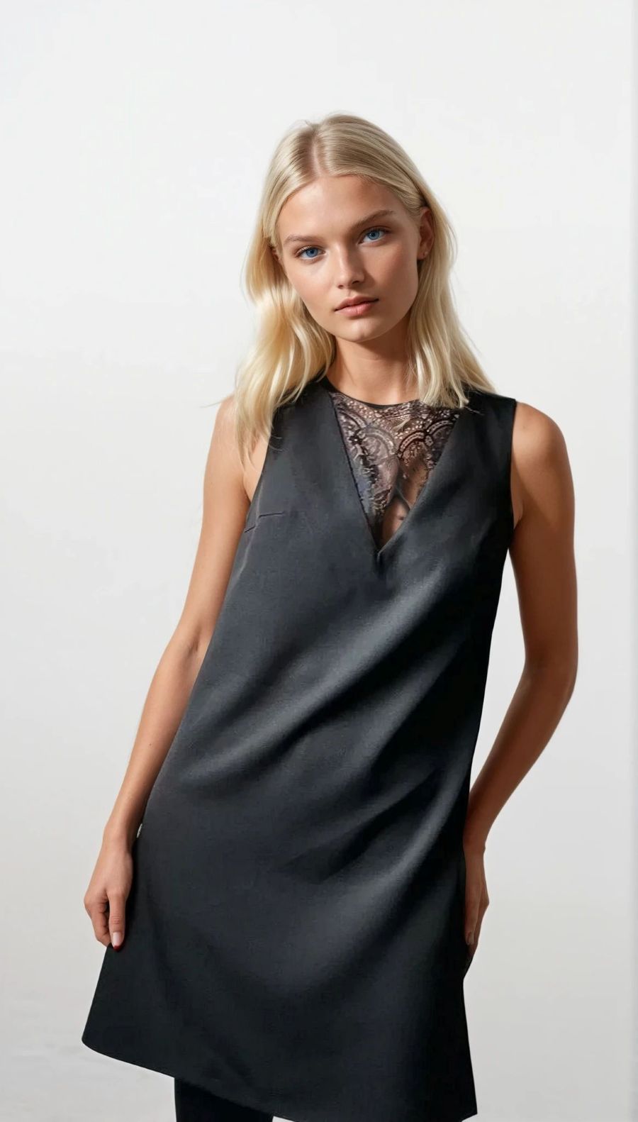 Black short dress with lace details. Black dress for the theater, everyday, holidays.