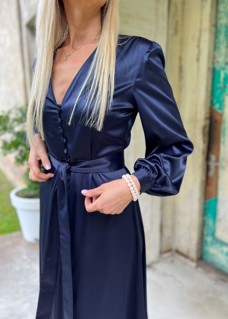 Blue long dress. Black, brown, gray satin long dress.