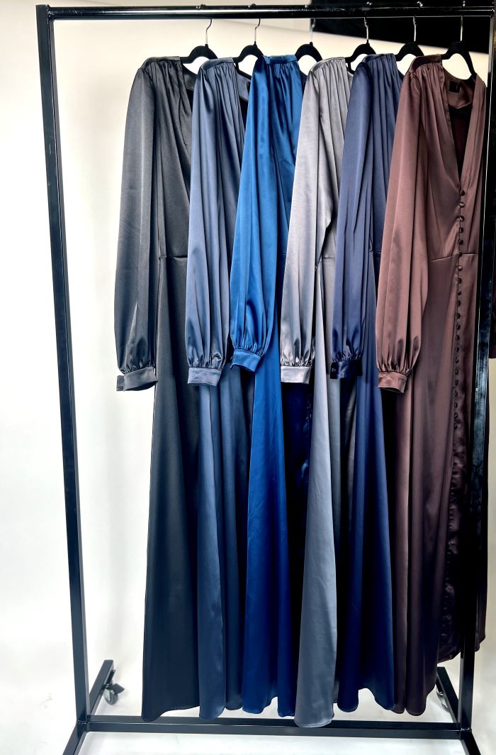 Blue long dress. Black, brown, gray satin long dress.