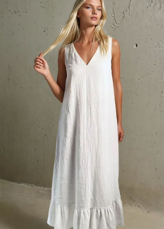Linen dress. White linen dress. Long, white linen dress.