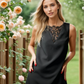 Black short dress with lace details. Black dress for the theater, everyday, holidays.