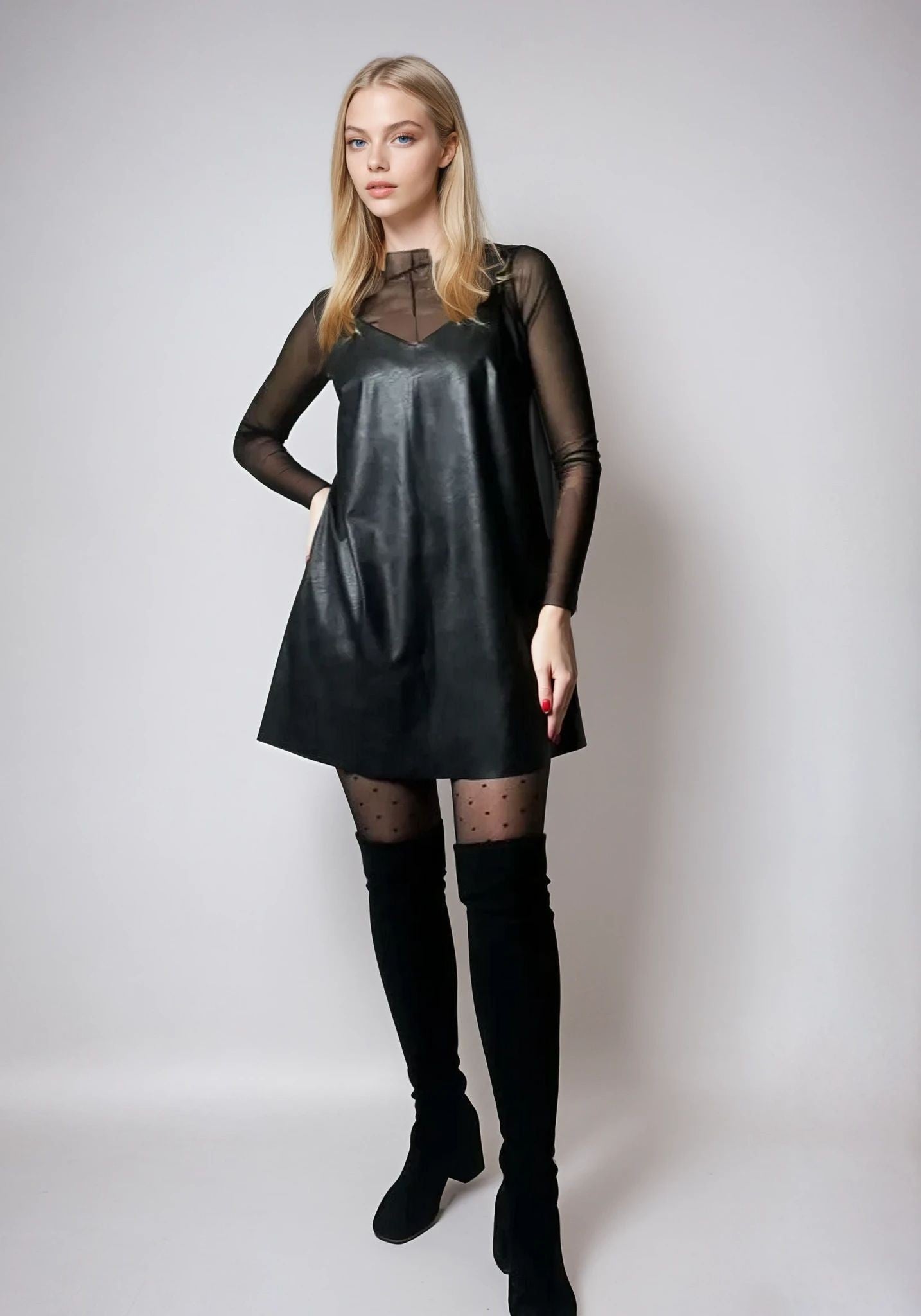 Black artificial leather dress with straps