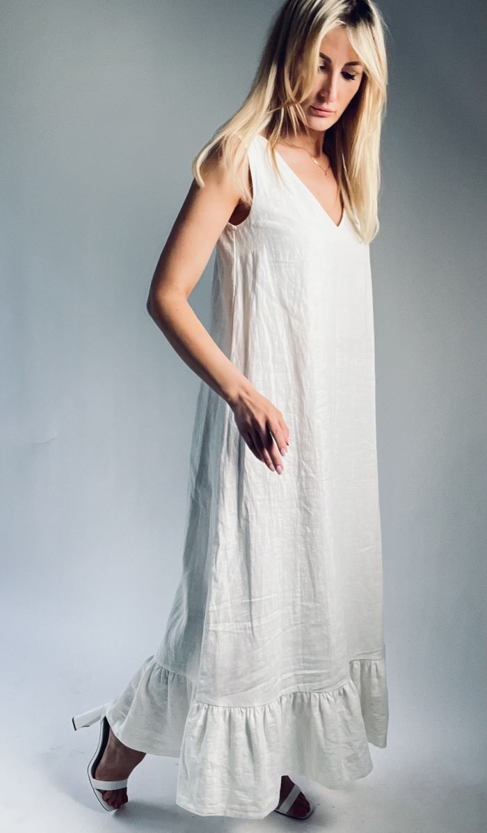 Linen dress. White linen dress. Long, white linen dress.