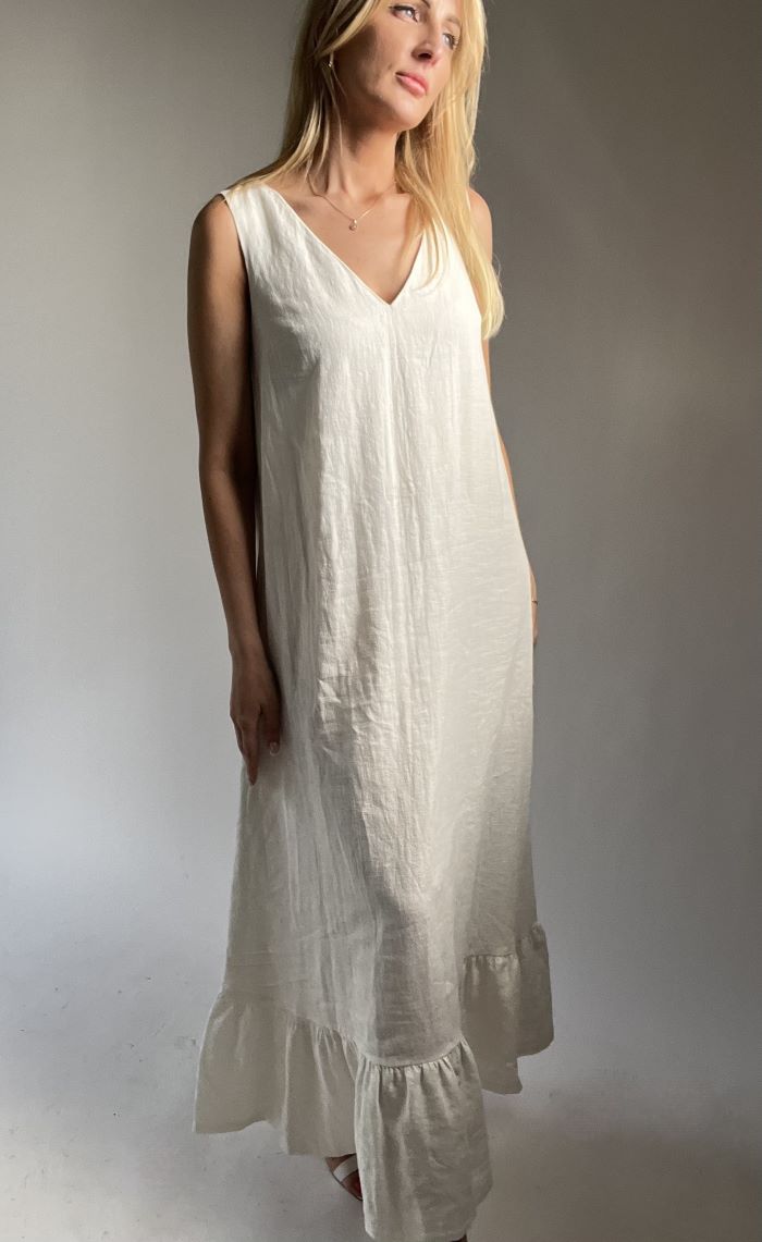 Linen dress. White linen dress. Long, white linen dress.