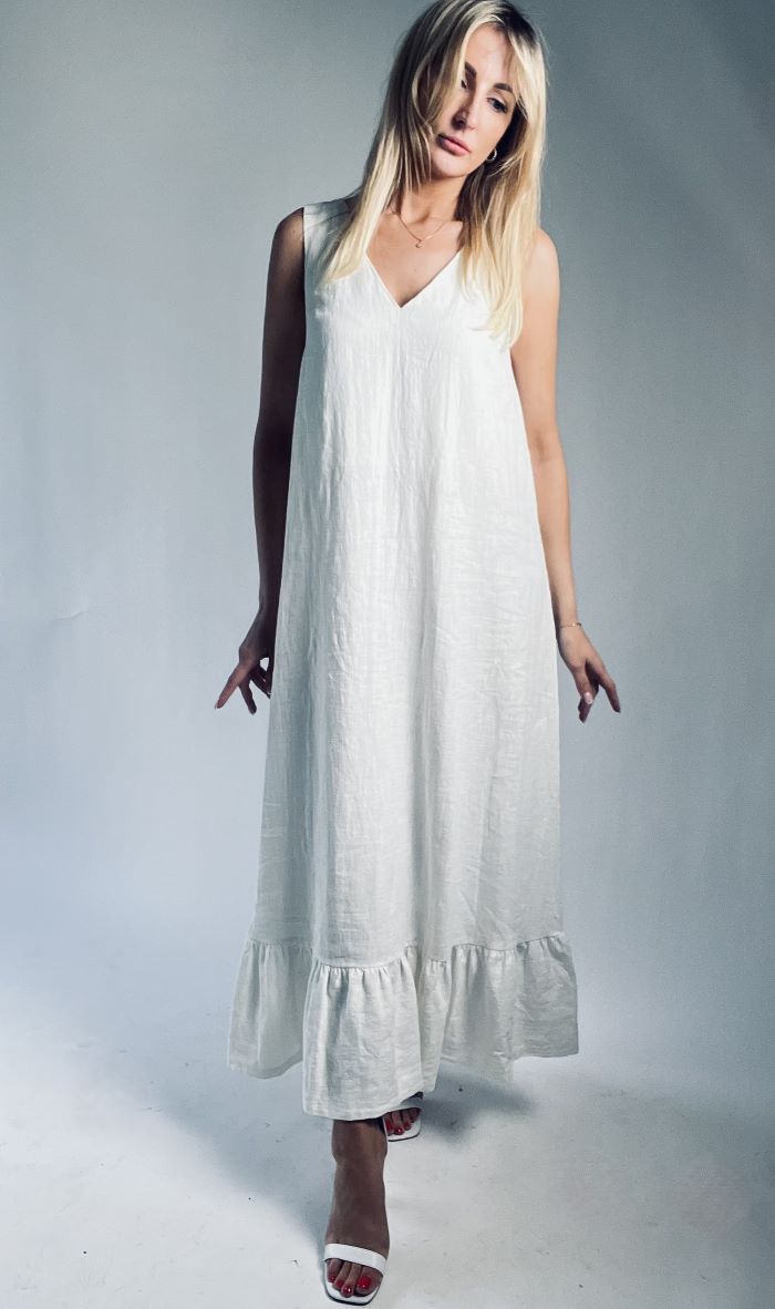 Linen dress. White linen dress. Long, white linen dress.