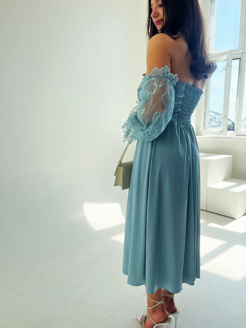 Turquoise blue dress / Mid length dress / Elegant Holiday dress