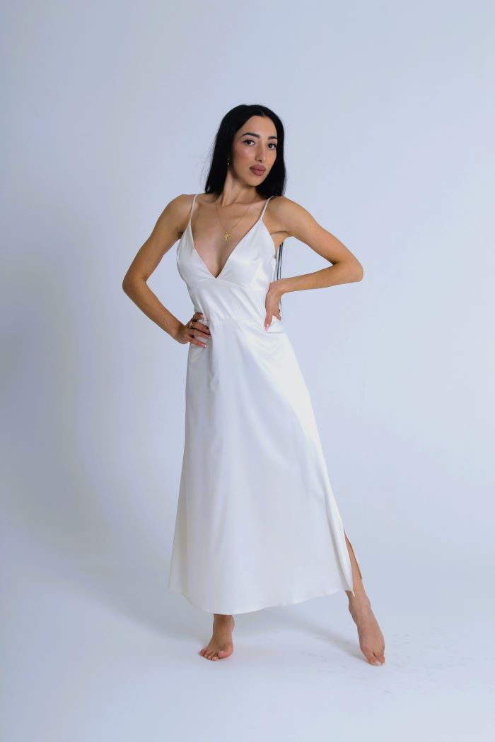 White Satin dress with straps, V-shaped bust, White dress with a slit Made in Latvia.